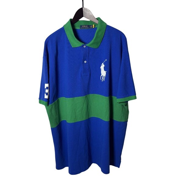 Polo Ralph Lauren 3XB Rugby Polo Shirt Blue Green Big Pony Logo Preppy - Picture 1 of 8